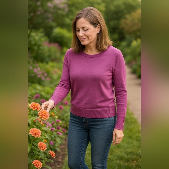 NWT Zenana Dark Mauve Crew Neck Sweater With Button Detail On Sleeve Relaxed Fit - Picture 1 of 6